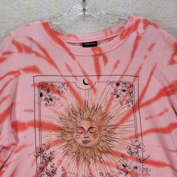 Torrid Pink Tie Dye Le Soleil Sun Moon Classic Round Neck Comfy Pullover Sweater - Picture 2 of 13